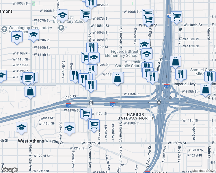 map of restaurants, bars, coffee shops, grocery stores, and more near 741 West 115th Street in Los Angeles