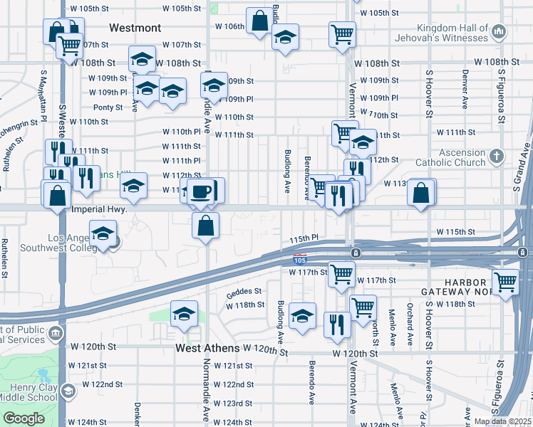 map of restaurants, bars, coffee shops, grocery stores, and more near 1218 West Imperial Highway in Los Angeles