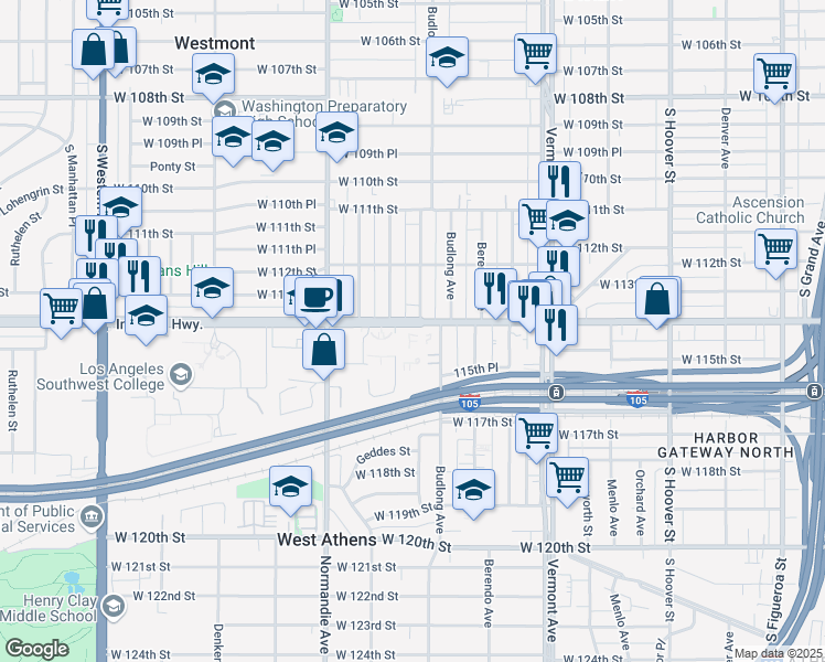map of restaurants, bars, coffee shops, grocery stores, and more near 1218 West Imperial Highway in Los Angeles
