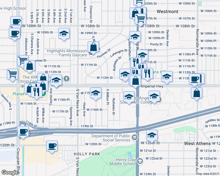 map of restaurants, bars, coffee shops, grocery stores, and more near 11502 Ruthelen Street in Los Angeles