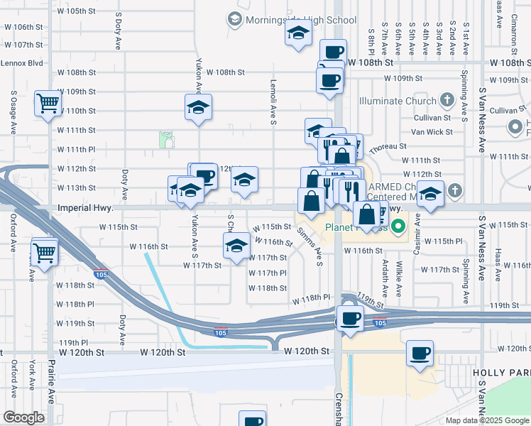 map of restaurants, bars, coffee shops, grocery stores, and more near 3328 West 115th Street in Inglewood