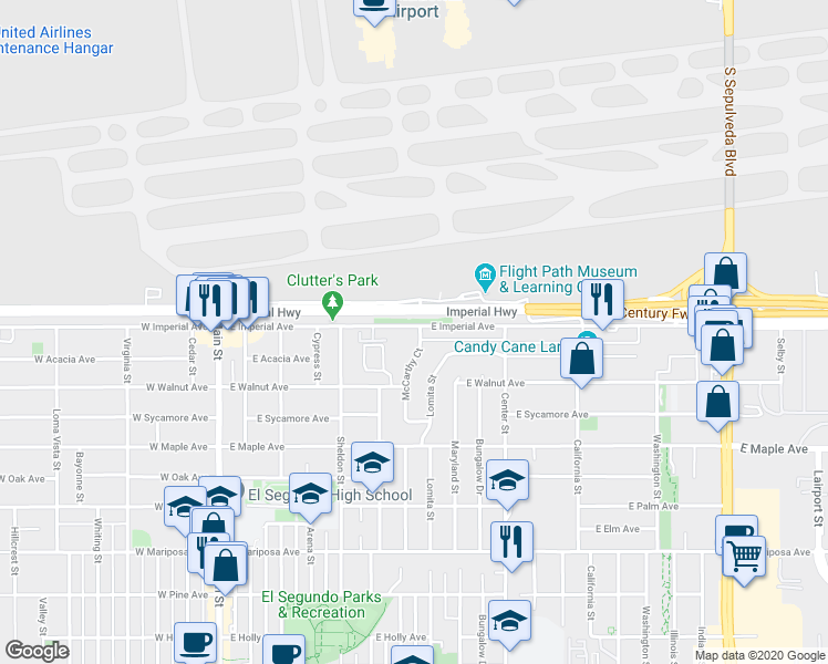 map of restaurants, bars, coffee shops, grocery stores, and more near 929 McCarthy Court in El Segundo