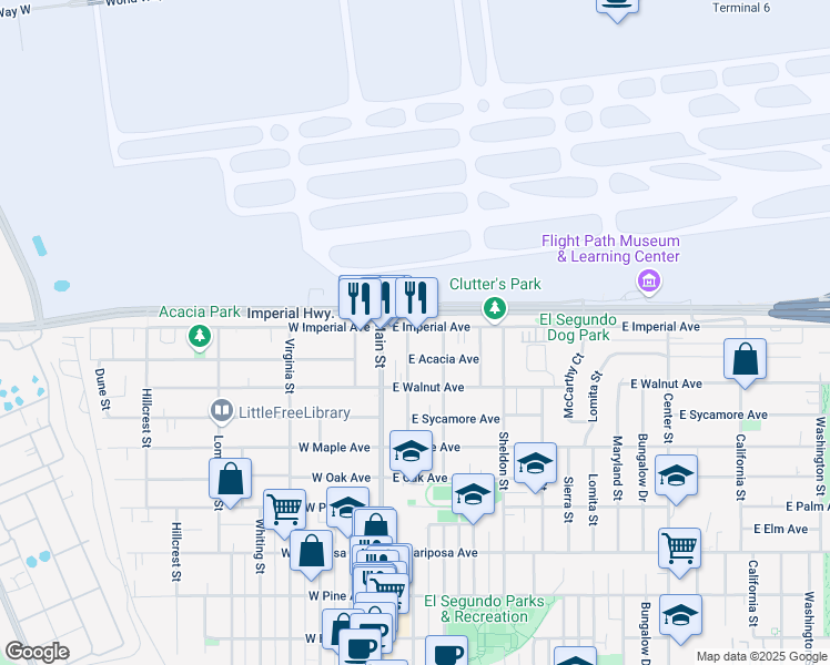 map of restaurants, bars, coffee shops, grocery stores, and more near 209 East Acacia Avenue in El Segundo