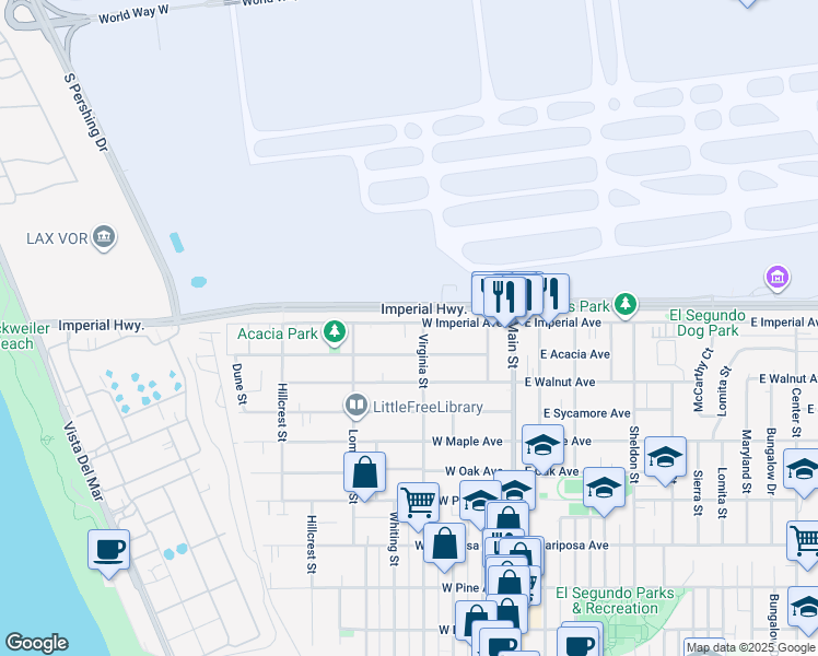 map of restaurants, bars, coffee shops, grocery stores, and more near 431 West Acacia Avenue in El Segundo
