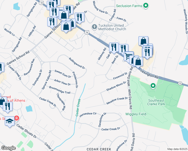 map of restaurants, bars, coffee shops, grocery stores, and more near 253 Reed Street in Athens