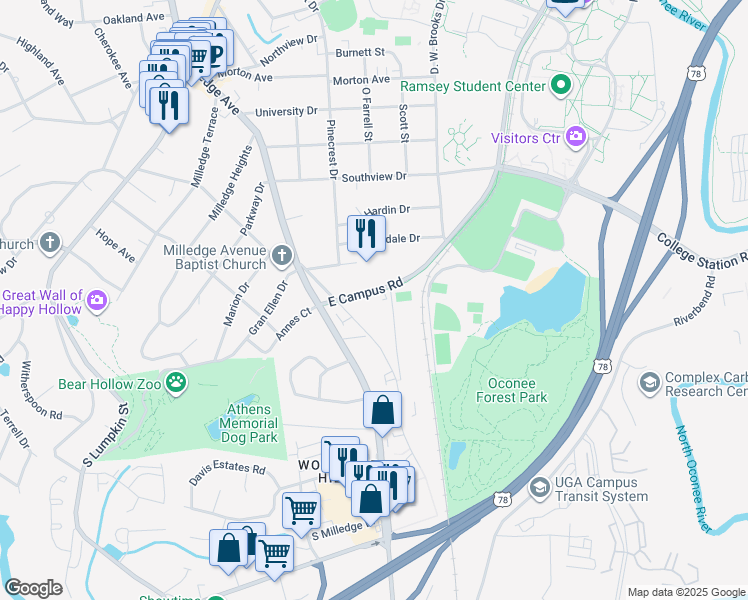 map of restaurants, bars, coffee shops, grocery stores, and more near in Athens