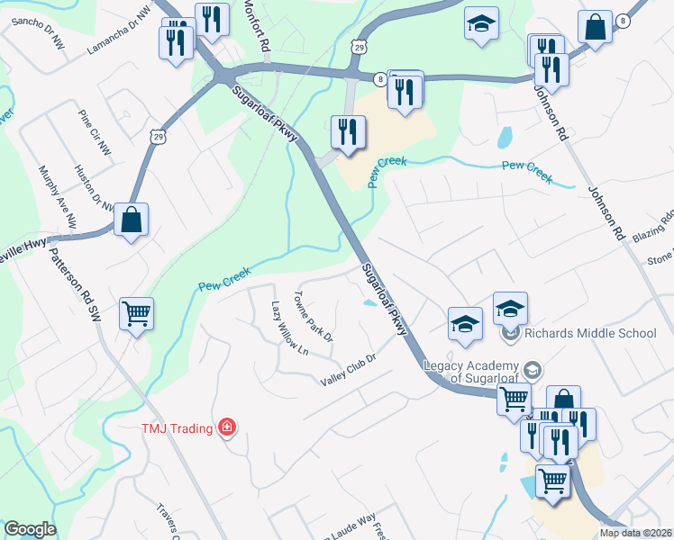 map of restaurants, bars, coffee shops, grocery stores, and more near 1501 Towne Park Court in Lawrenceville