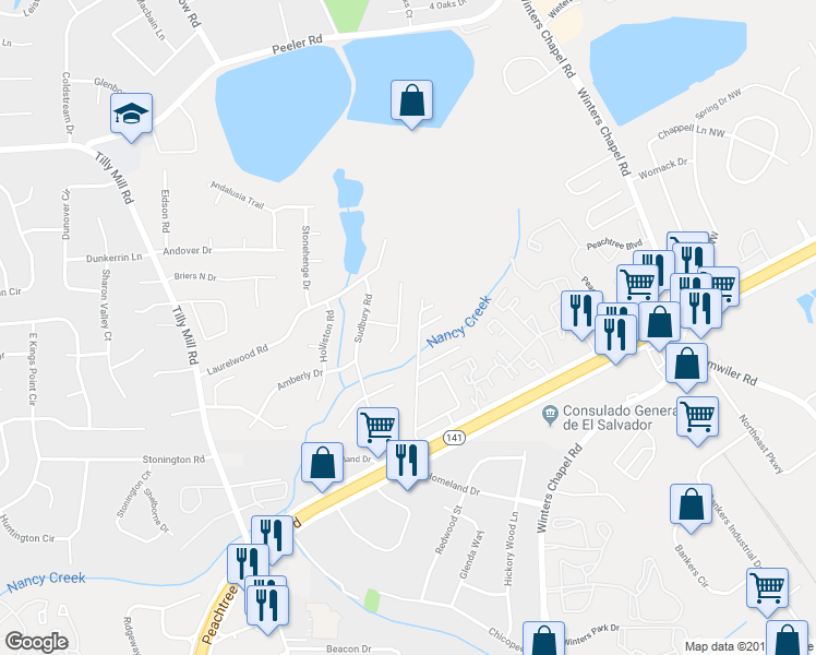 map of restaurants, bars, coffee shops, grocery stores, and more near 4579 Amberly Court South in Atlanta