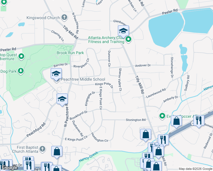 map of restaurants, bars, coffee shops, grocery stores, and more near 2405 Kings Point Drive in Dunwoody