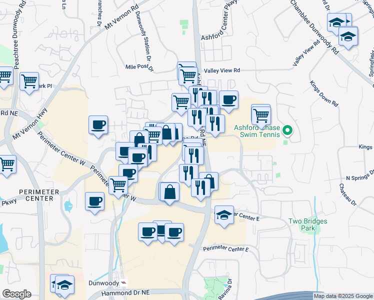 map of restaurants, bars, coffee shops, grocery stores, and more near 400 Perimeter Center Place in Dunwoody