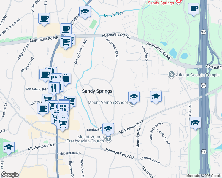 map of restaurants, bars, coffee shops, grocery stores, and more near 455 Bridges Creek Trail Northeast in Atlanta
