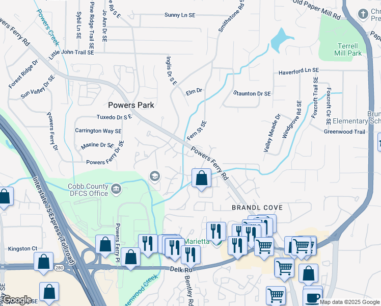 map of restaurants, bars, coffee shops, grocery stores, and more near 883 Cedar Canyon Square in Marietta