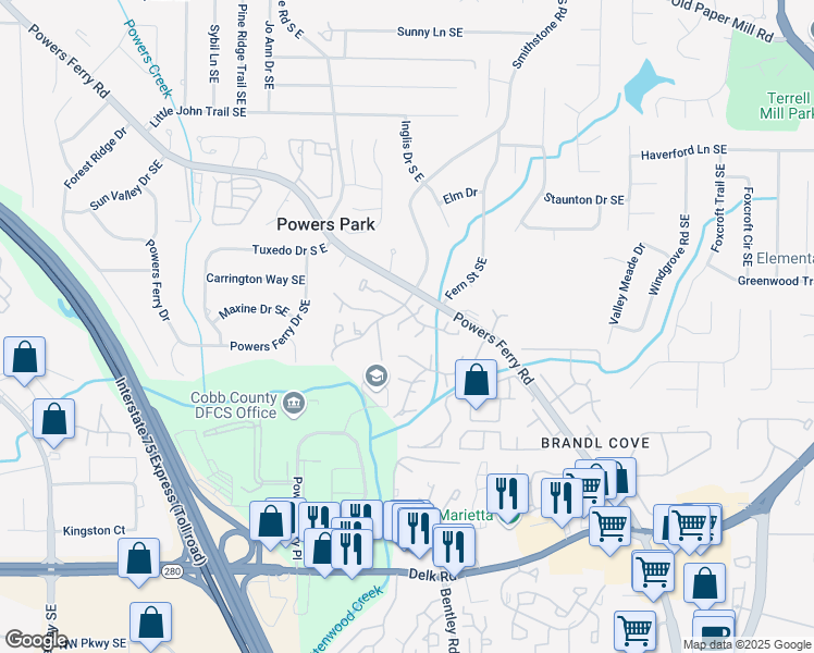 map of restaurants, bars, coffee shops, grocery stores, and more near 2237 Runnymead Ridge Southeast in Marietta