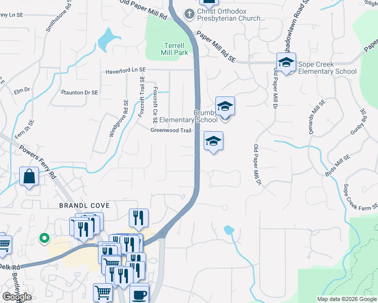 map of restaurants, bars, coffee shops, grocery stores, and more near 3310 Hadleigh Court Southeast in Marietta