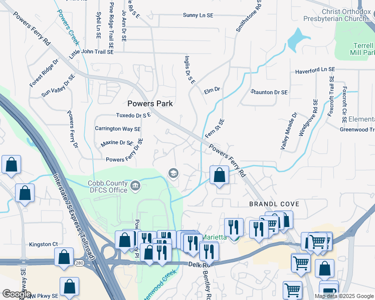 map of restaurants, bars, coffee shops, grocery stores, and more near 739 Hanover Lane Southeast in Marietta