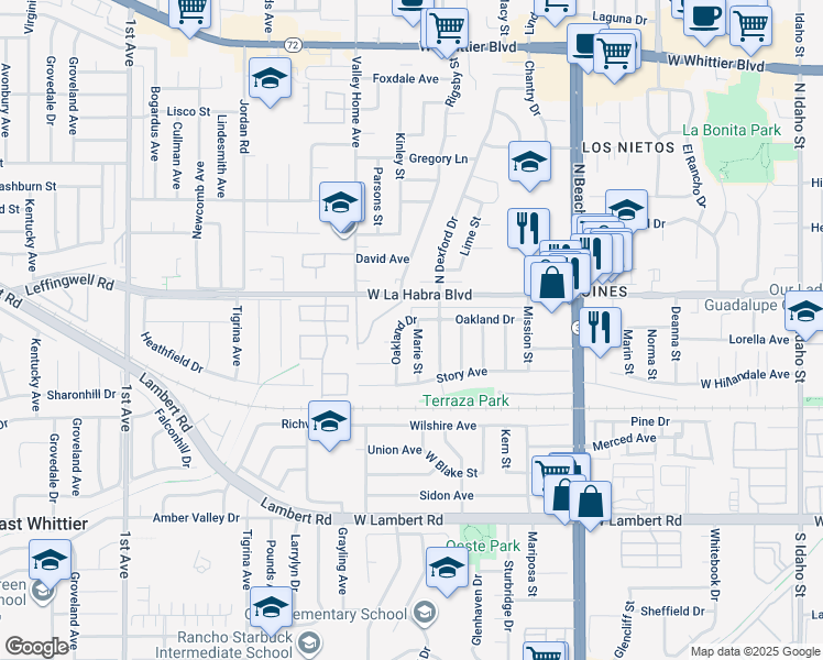 map of restaurants, bars, coffee shops, grocery stores, and more near 221 Marie Street in La Habra