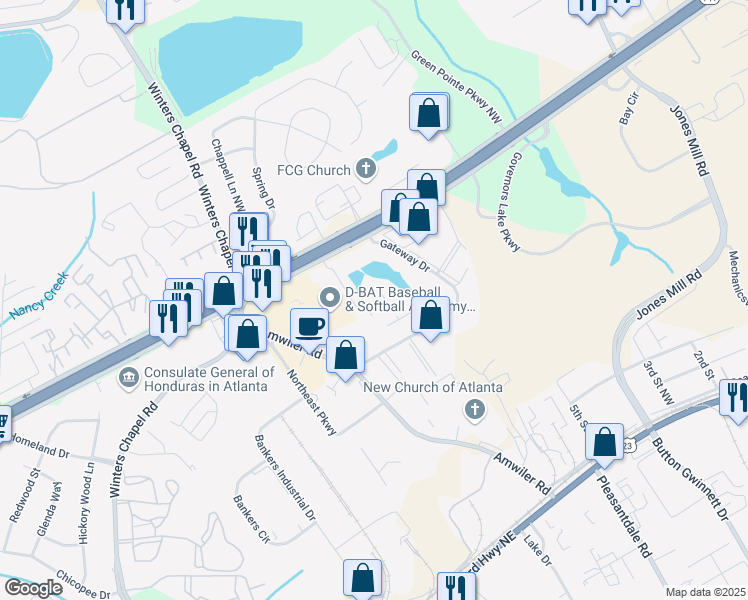 map of restaurants, bars, coffee shops, grocery stores, and more near 3200 Lake Colony Drive Northwest in Norcross