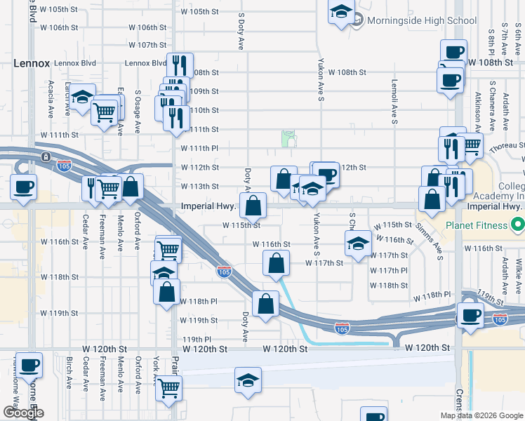 map of restaurants, bars, coffee shops, grocery stores, and more near 3734 Imperial Highway in Inglewood