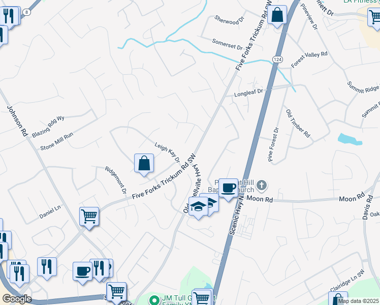 map of restaurants, bars, coffee shops, grocery stores, and more near 500 Leigh Kay Drive in Lawrenceville