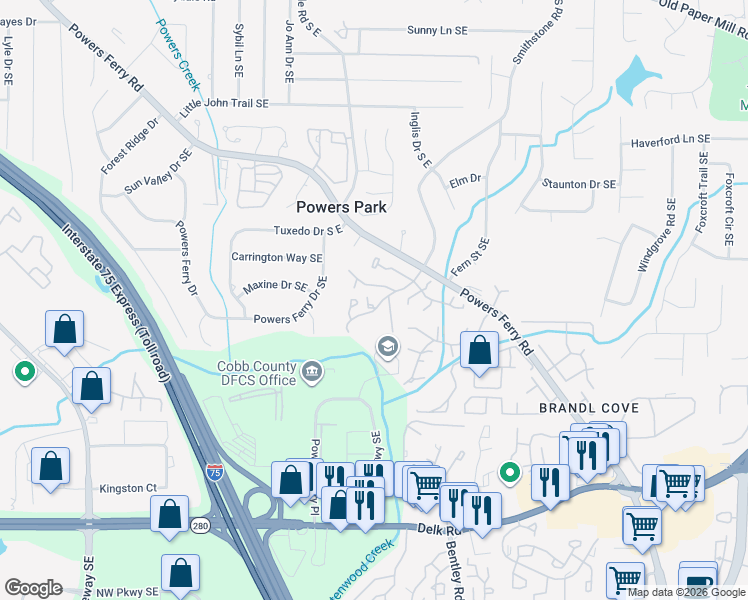 map of restaurants, bars, coffee shops, grocery stores, and more near 2209 Haverhill Court Southeast in Marietta