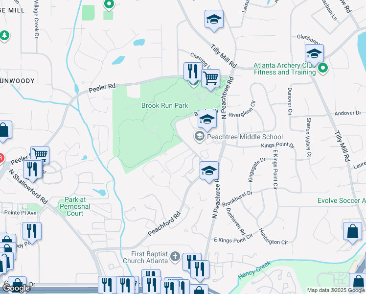 map of restaurants, bars, coffee shops, grocery stores, and more near 4588 Barclay Drive in Dunwoody