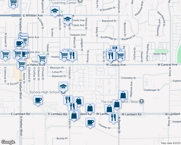 map of restaurants, bars, coffee shops, grocery stores, and more near 668 Roscoe Street in Brea