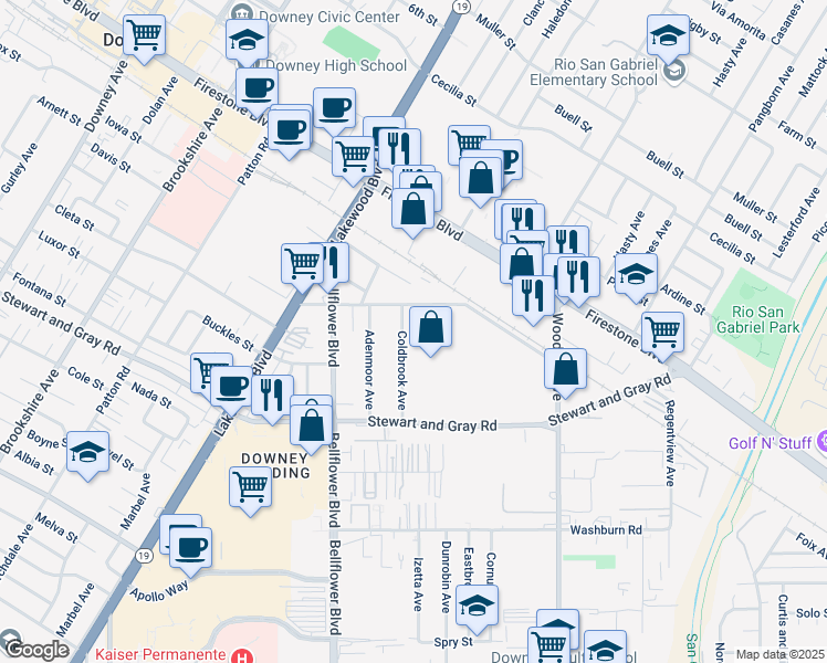 map of restaurants, bars, coffee shops, grocery stores, and more near 11632 Coldbrook Avenue in Downey