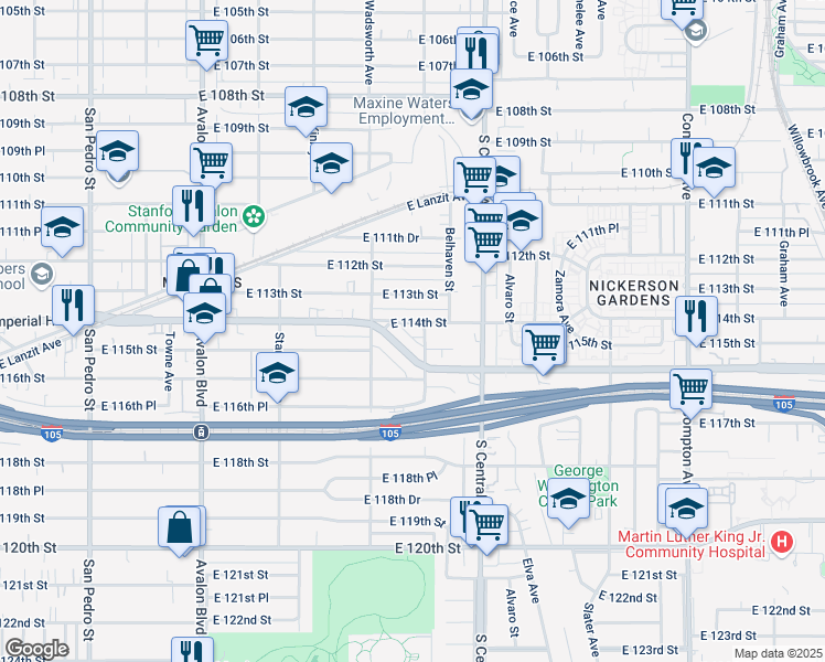map of restaurants, bars, coffee shops, grocery stores, and more near 942 East 114th Street in Los Angeles