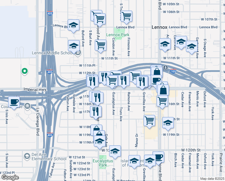 map of restaurants, bars, coffee shops, grocery stores, and more near 11506 Eucalyptus Avenue in Hawthorne