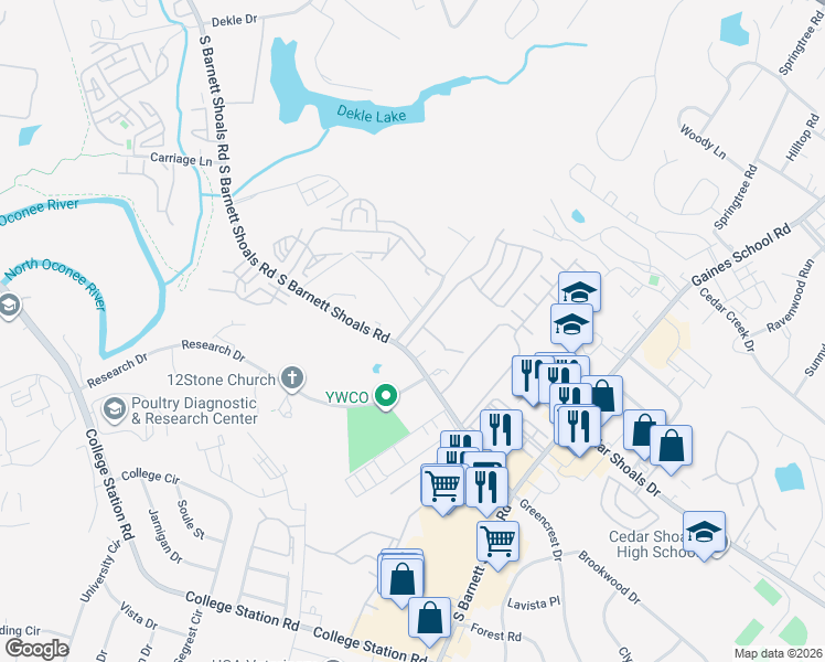 map of restaurants, bars, coffee shops, grocery stores, and more near 1425 South Barnett Shoals Road in Athens