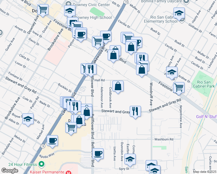 map of restaurants, bars, coffee shops, grocery stores, and more near 11627 Coldbrook Avenue in Downey