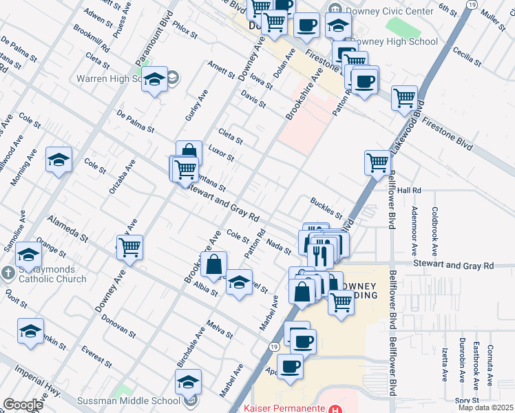 map of restaurants, bars, coffee shops, grocery stores, and more near 8537 Fontana Street in Downey