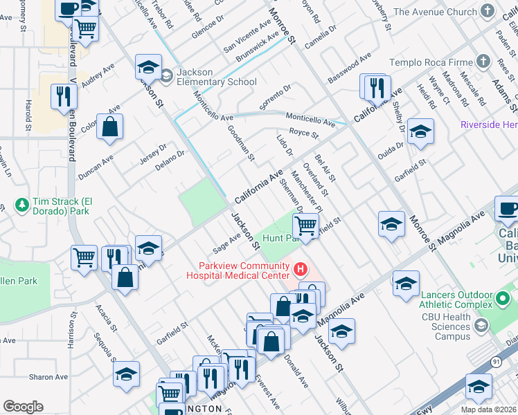 map of restaurants, bars, coffee shops, grocery stores, and more near 4154 Wheeler Street in Riverside