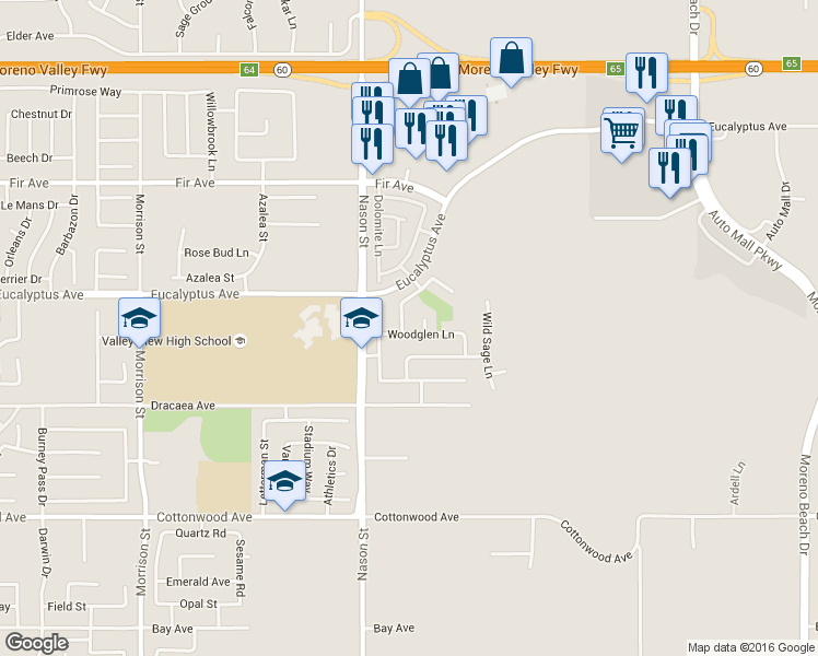 map of restaurants, bars, coffee shops, grocery stores, and more near 13074 Windhaven Drive in Moreno Valley