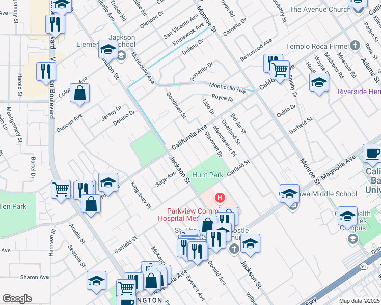 map of restaurants, bars, coffee shops, grocery stores, and more near 4154 Wheeler Street in Riverside