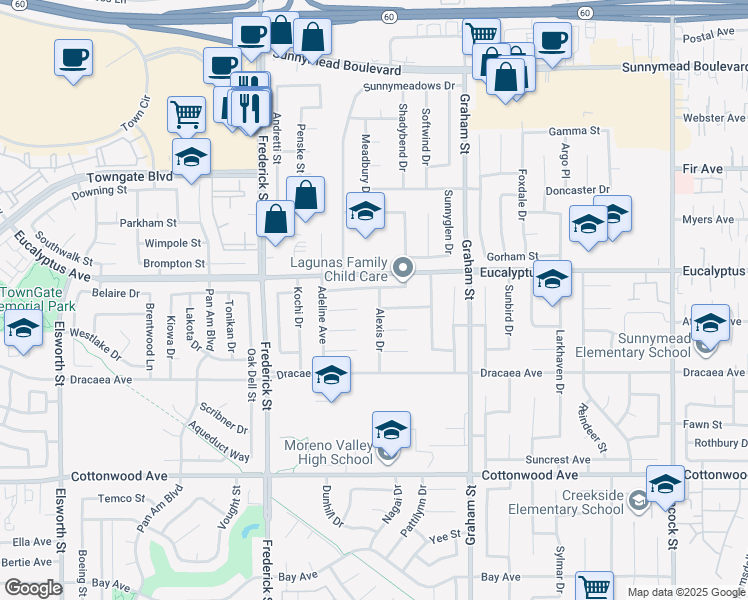map of restaurants, bars, coffee shops, grocery stores, and more near 13067 Alexis Drive in Moreno Valley