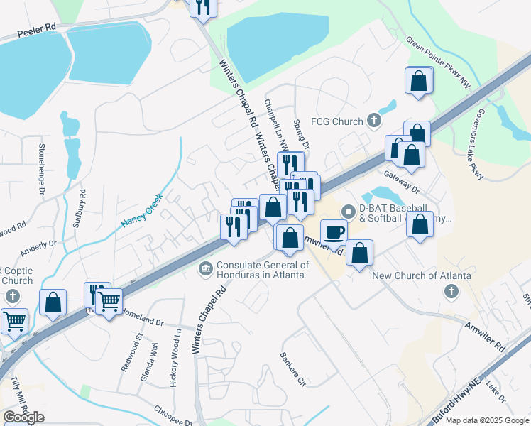 map of restaurants, bars, coffee shops, grocery stores, and more near 6900 Peachtree Industrial Boulevard in Atlanta