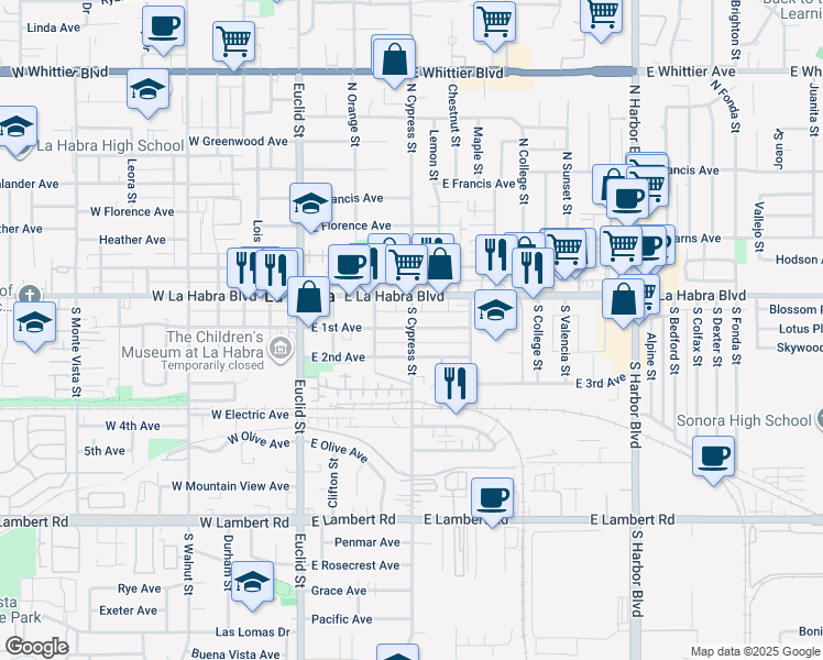map of restaurants, bars, coffee shops, grocery stores, and more near 204 South Cypress Street in La Habra