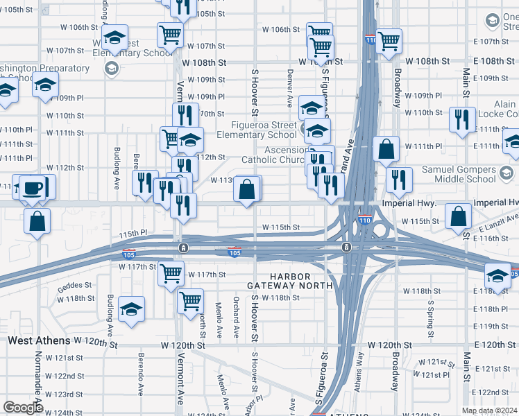 map of restaurants, bars, coffee shops, grocery stores, and more near 11400 South Hoover Street in Los Angeles