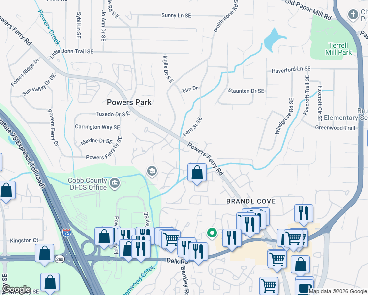 map of restaurants, bars, coffee shops, grocery stores, and more near 747 Brentwood Place in Marietta