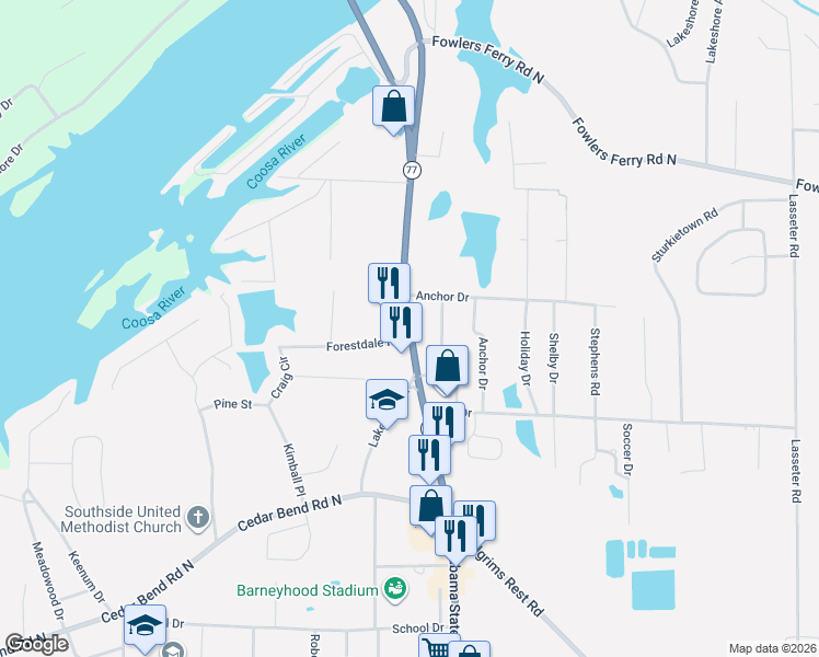 map of restaurants, bars, coffee shops, grocery stores, and more near 1499 Alabama 77 in Gadsden