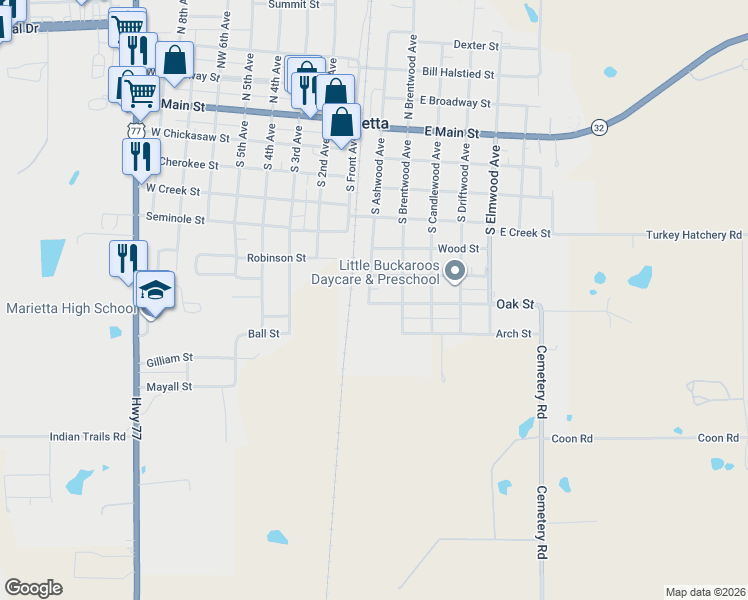 map of restaurants, bars, coffee shops, grocery stores, and more near 102 Pine Street in Marietta
