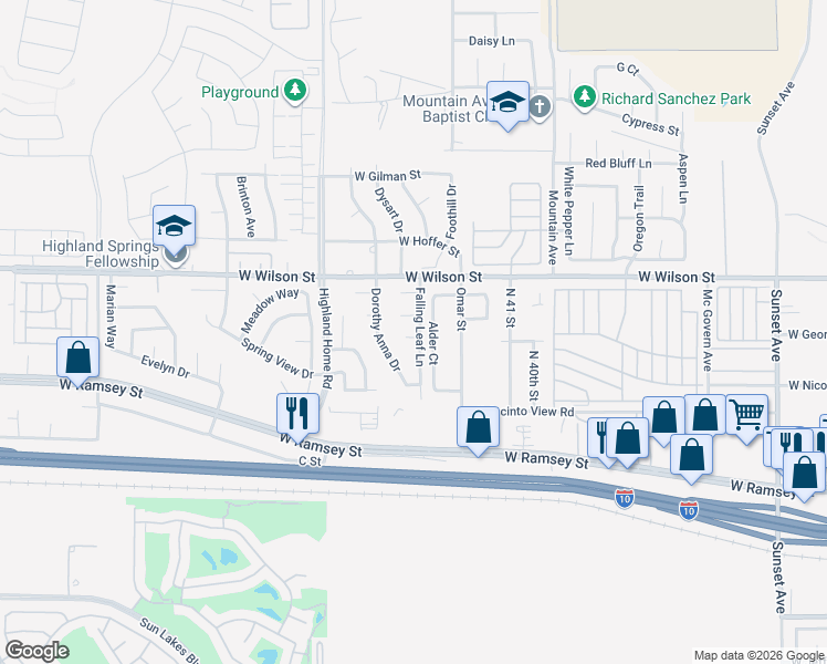 map of restaurants, bars, coffee shops, grocery stores, and more near 4545 Spring Court in Banning