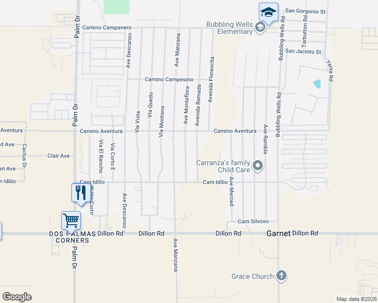 map of restaurants, bars, coffee shops, grocery stores, and more near 16240 Avenue Monteflora in Desert Hot Springs