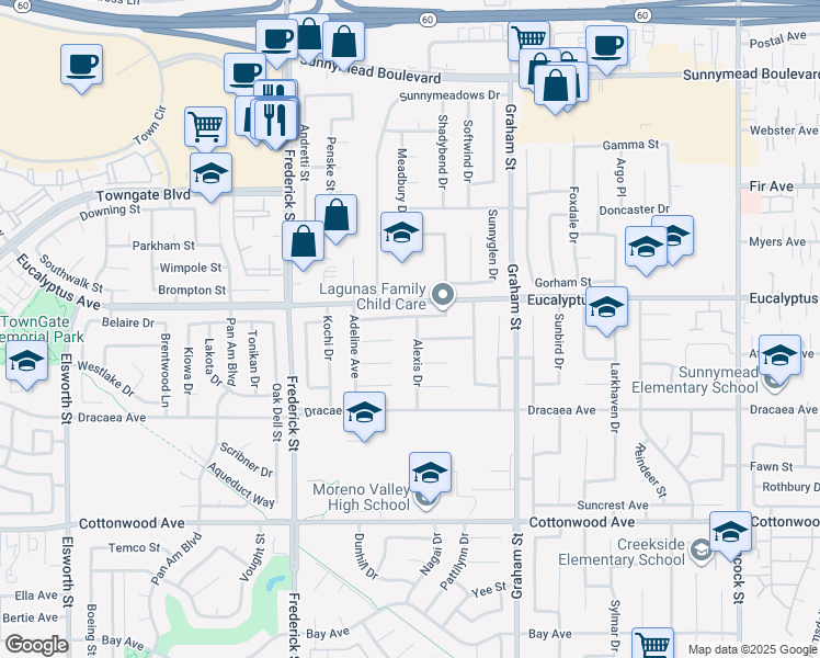 map of restaurants, bars, coffee shops, grocery stores, and more near 13067 Alexis Drive in Moreno Valley
