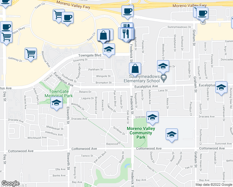 map of restaurants, bars, coffee shops, grocery stores, and more near 13044 Pan Am Boulevard in Moreno Valley