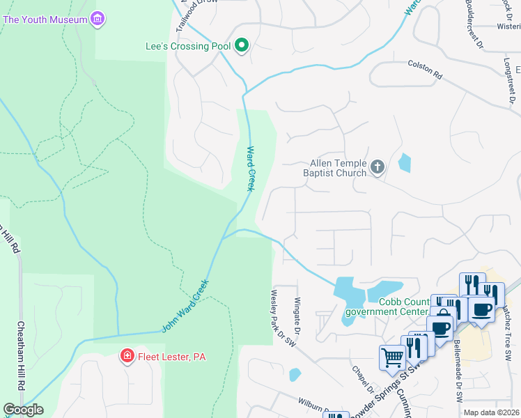 map of restaurants, bars, coffee shops, grocery stores, and more near 1150 Charlton Trace Southwest in Marietta