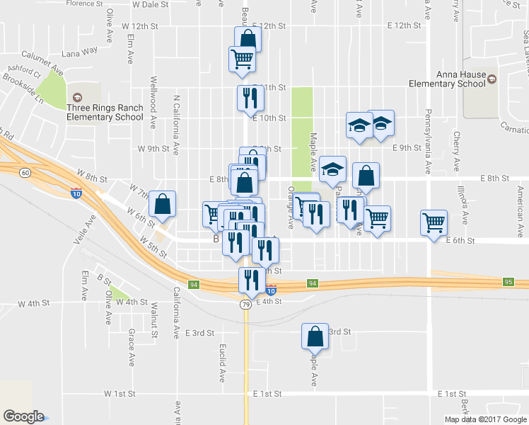 map of restaurants, bars, coffee shops, grocery stores, and more near 725 Magnolia Avenue in Beaumont