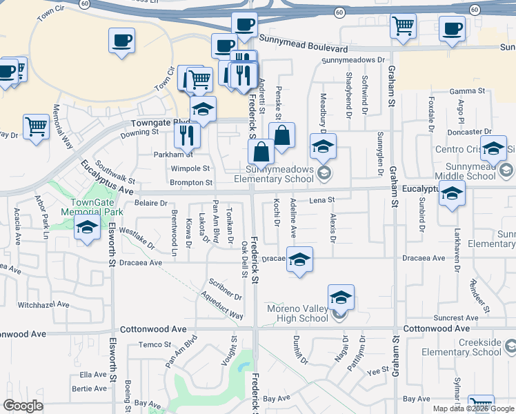 map of restaurants, bars, coffee shops, grocery stores, and more near 13077 Bagatelle Street in Moreno Valley