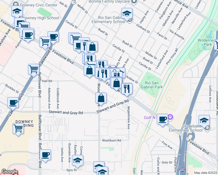 map of restaurants, bars, coffee shops, grocery stores, and more near 9413 Firestone Boulevard in Downey